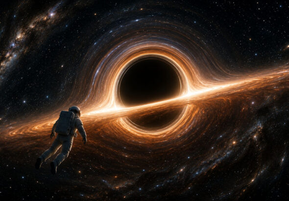 Astronaut vor schwarzem Loch-k
