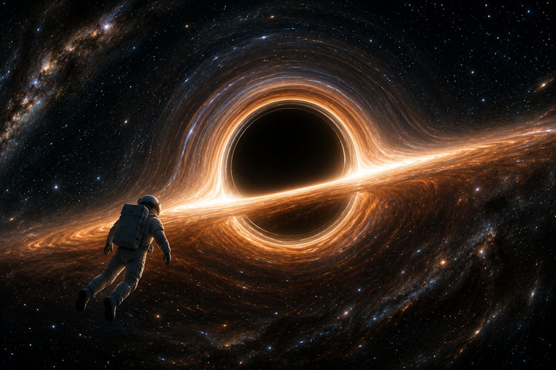 Astronaut vor schwarzem Loch-k