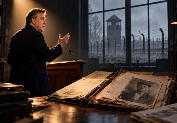 Archivtafel mit Redner und Wachturm