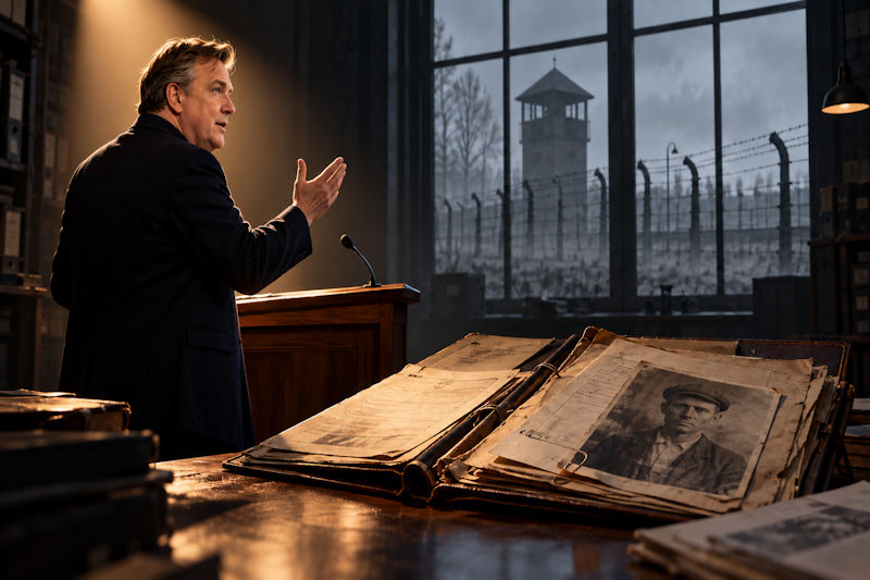 Archivtafel mit Redner und Wachturm