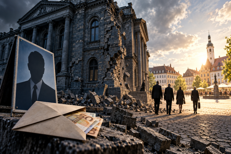 Bröckelnde Parteizentrale, versiegelter Umschlag