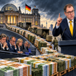 Bundestag mit Ukraine-Flagge und Hilfskisten