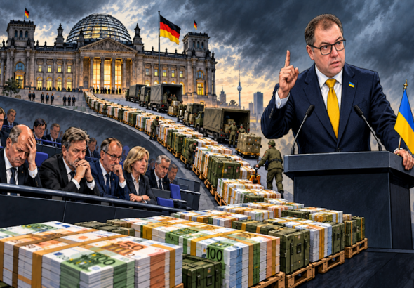 Bundestag mit Ukraine-Flagge und Hilfskisten