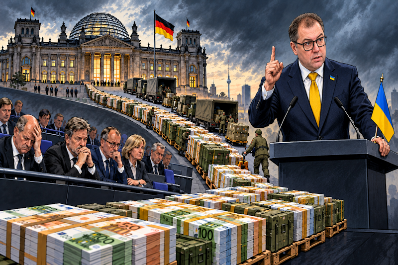 Bundestag mit Ukraine-Flagge und Hilfskisten