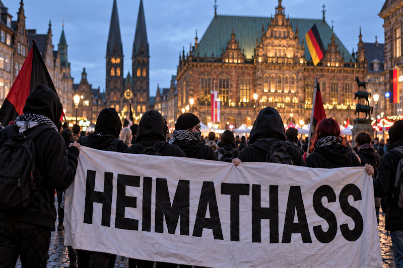 Demonstranten mit Banner vor Bremens Rathaus
