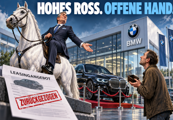 Hohes Ross vor dem BMW-Autohaus