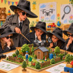 Junge Detektive mit Schlapphüten im Klassenzimmer