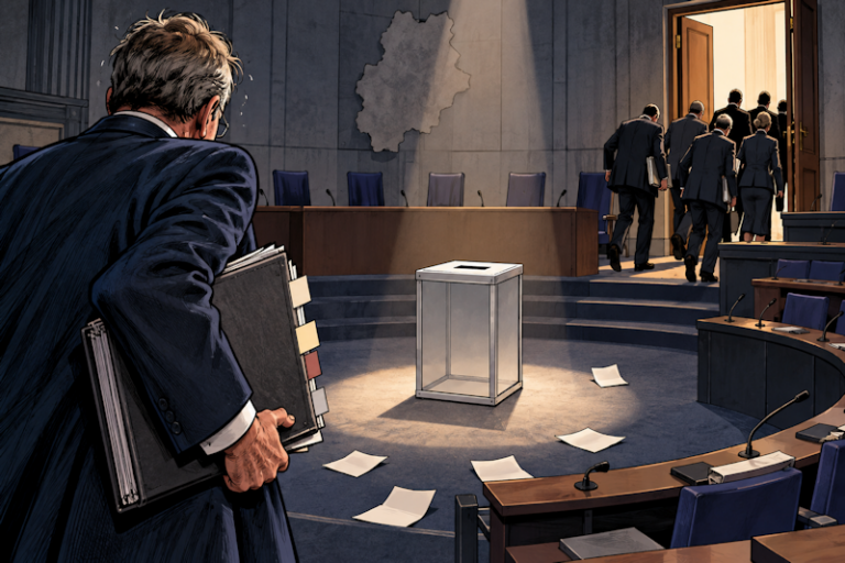 Leere Wahlurne, eilende Abgeordnete
