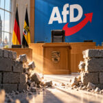 Leerer Landtagspräsidentenstuhl vor zerbrechender Mauer