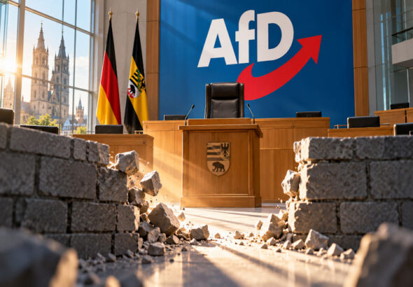 Leerer Landtagspräsidentenstuhl vor zerbrechender Mauer
