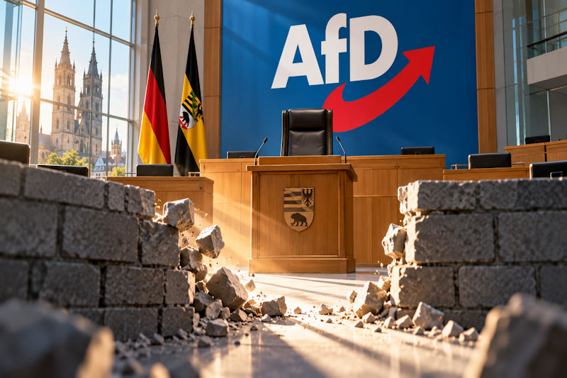 Leerer Landtagspräsidentenstuhl vor zerbrechender Mauer