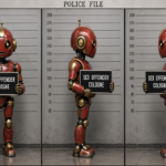 Roter Roboter im satirischen Polizei-Triptychon