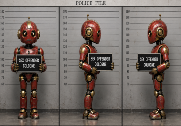 Roter Roboter im satirischen Polizei-Triptychon