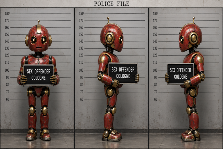 Roter Roboter im satirischen Polizei-Triptychon