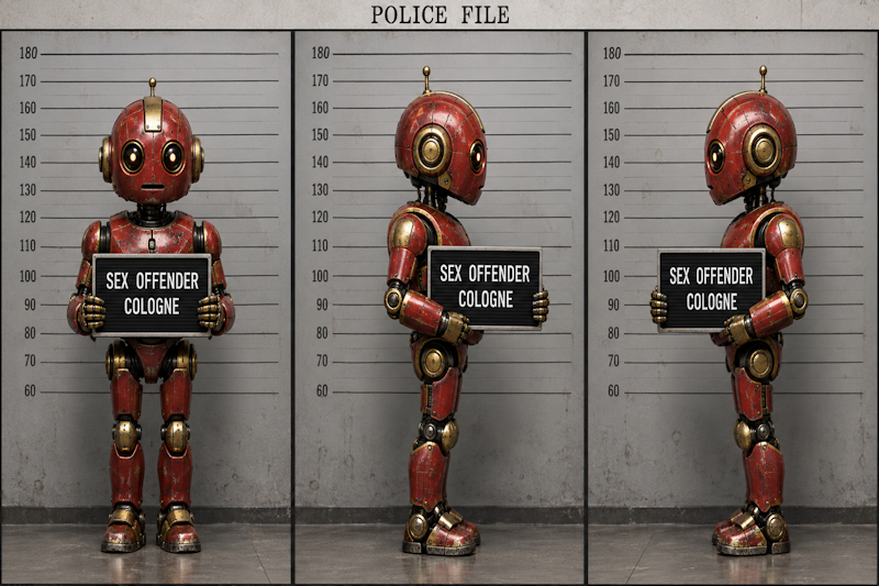 Roter Roboter im satirischen Polizei-Triptychon