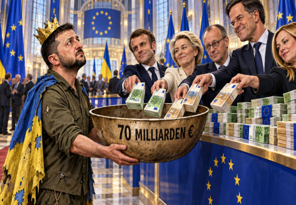 Satirische Geldübergabe mit 70 Milliarden