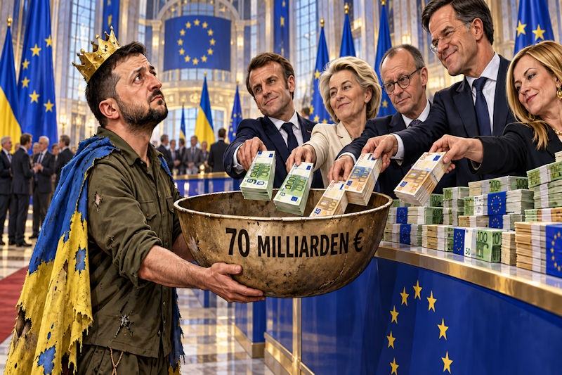 Satirische Geldübergabe mit 70 Milliarden