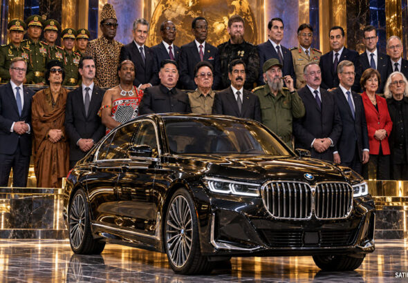 Satirisches Gruppenporträt mit schwarzem BMW