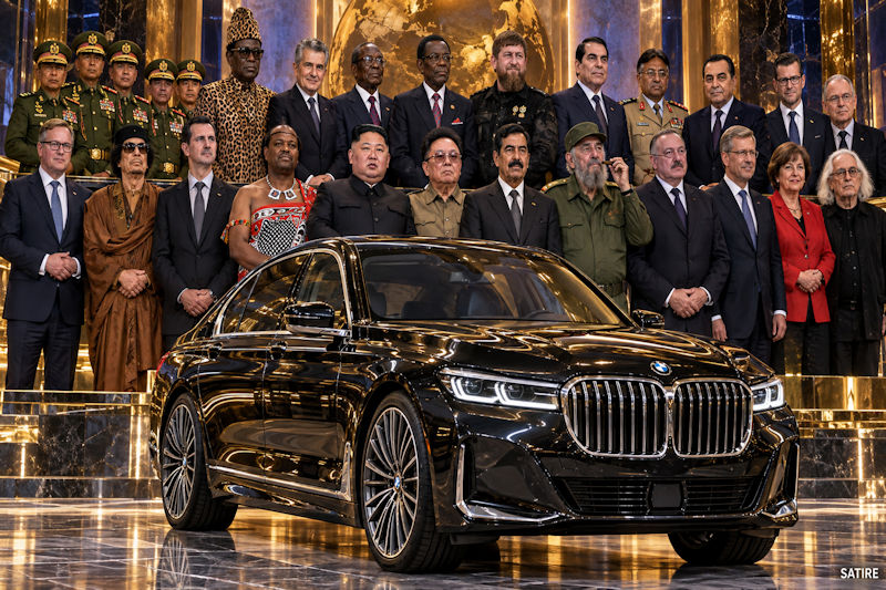 Satirisches Gruppenporträt mit schwarzem BMW