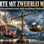 Schiefe Waage zwischen vier Flaggen