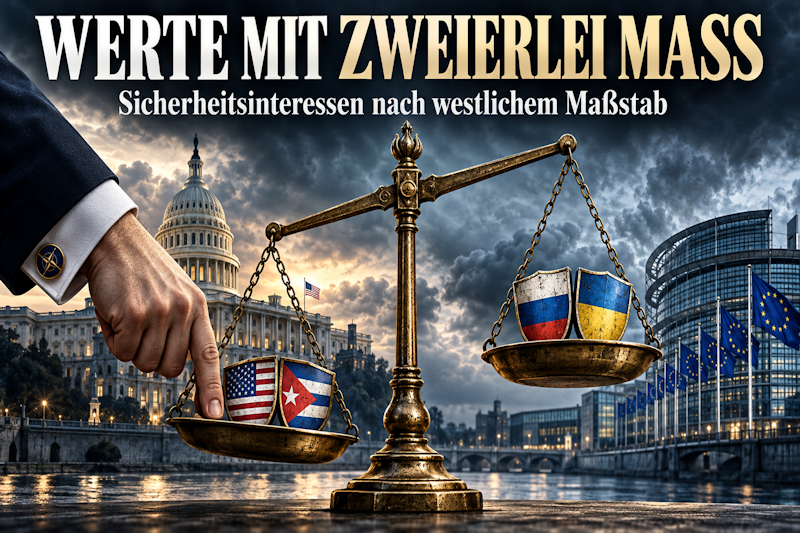 Schiefe Waage zwischen vier Flaggen
