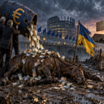 Ukraine-Flagge am toten Pferd